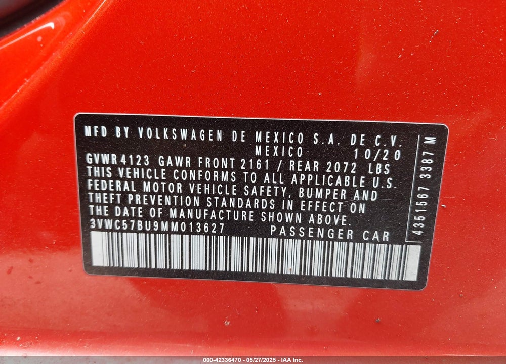 2021 VOLKSWAGEN JETTA VIN: 3VWC57BU9MM013627