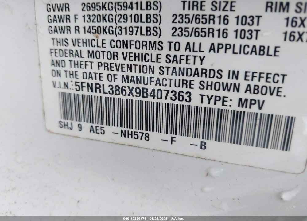 2009 HONDA ODYSSEY EX-L VIN: 5FNRL386X9B407363