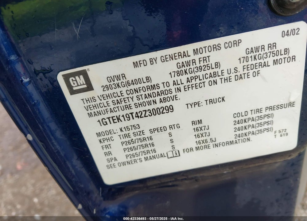 2002 GMC SIERRA 1500 SLE VIN: 1GTEK19T42Z300299