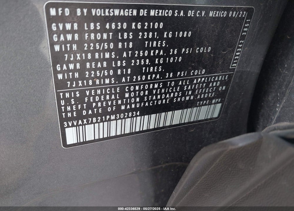 2023 VOLKSWAGEN TAOS VIN: 3VVAX7B21PM302834