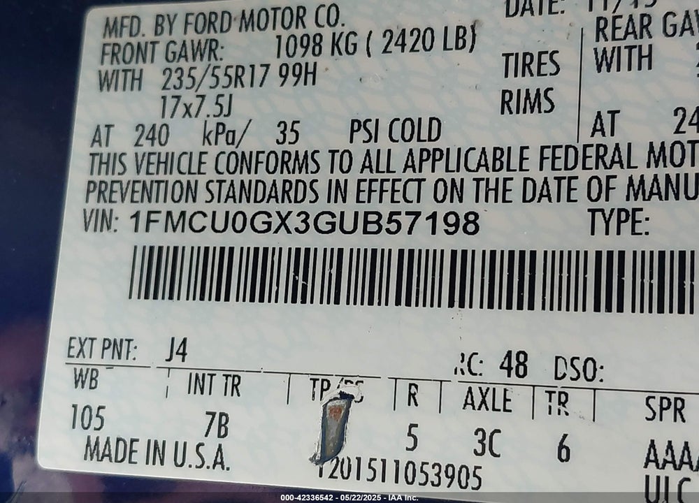 2016 FORD ESCAPE VIN: 1FMCU0GX3GUB57198