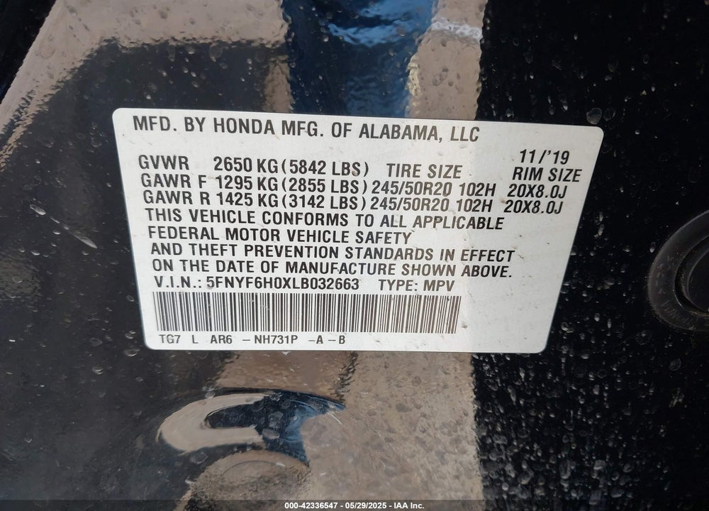 2020 HONDA PILOT VIN: 5FNYF6H0XLB032663