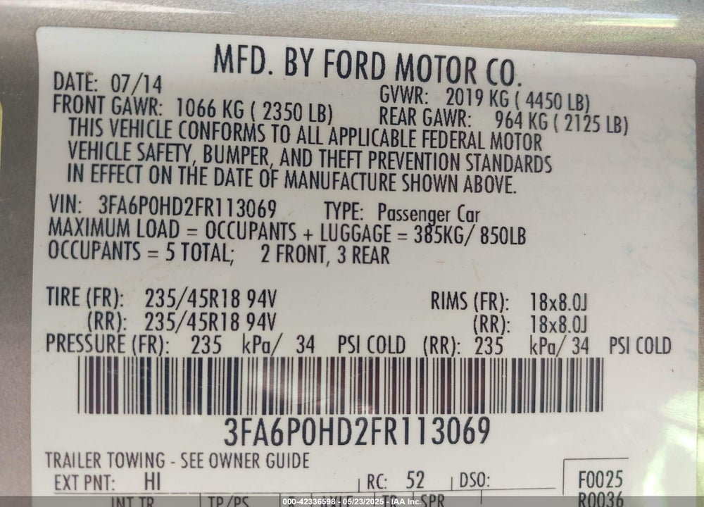 2015 FORD FUSION VIN: 3FA6P0HD2FR113069