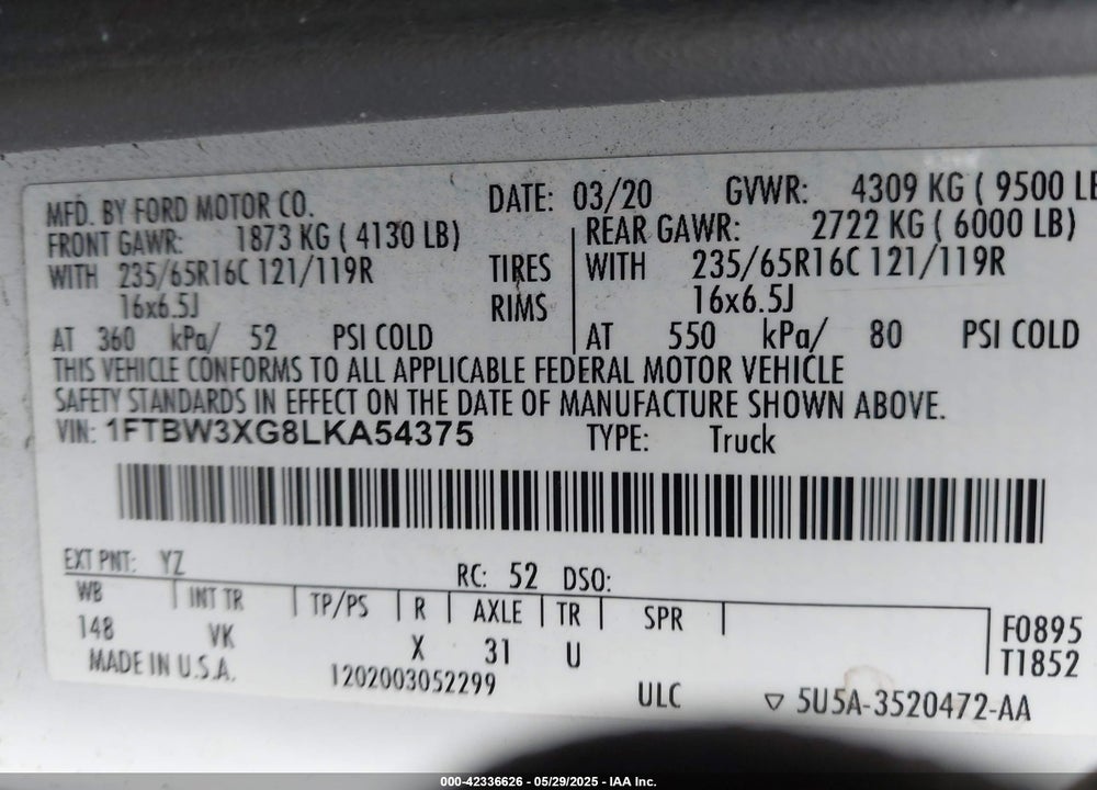 2020 FORD TRANSIT-350 VIN: 1FTBW3XG8LKA54375