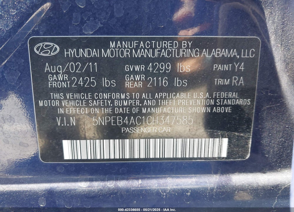 2012 HYUNDAI SONATA GLS VIN: 5NPEB4AC1CH347585