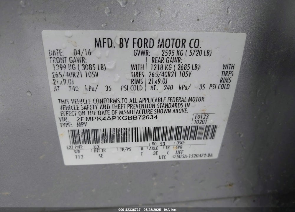 2016 FORD EDGE VIN: 2FMPK4APXGBB72634