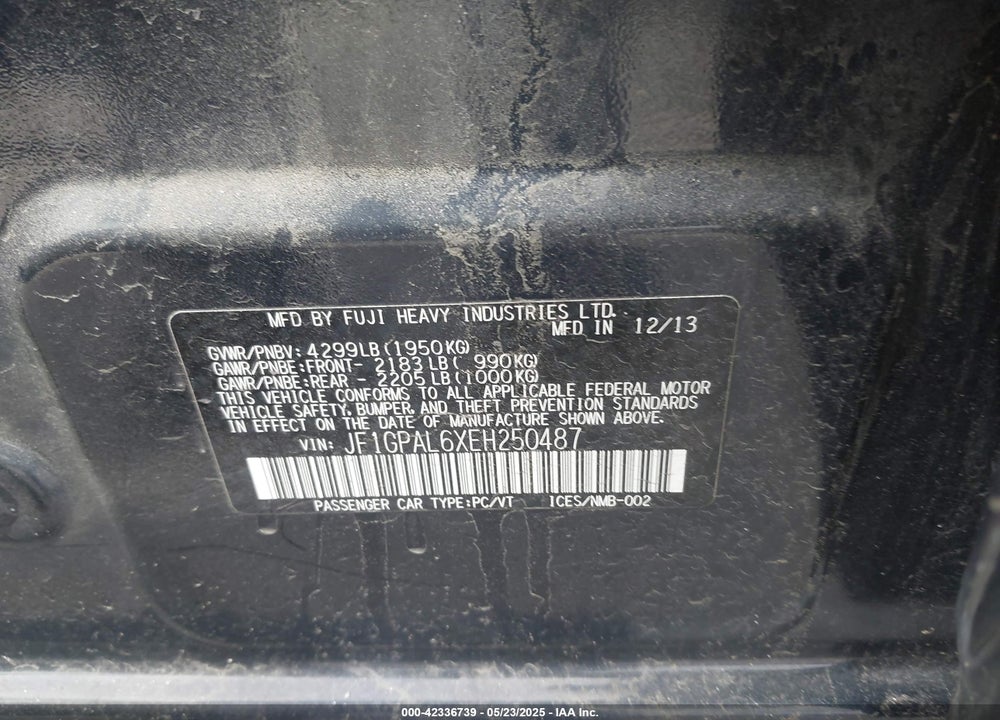 2014 SUBARU IMPREZA VIN: JF1GPAL6XEH250487