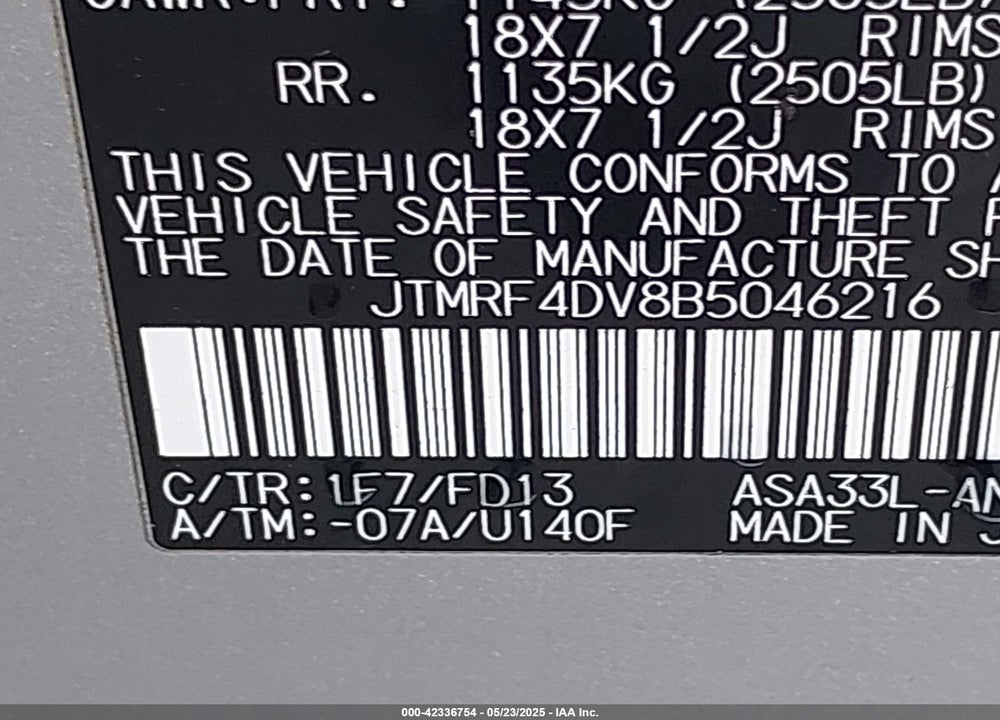 2011 TOYOTA RAV4 VIN: JTMRF4DV8B5046216