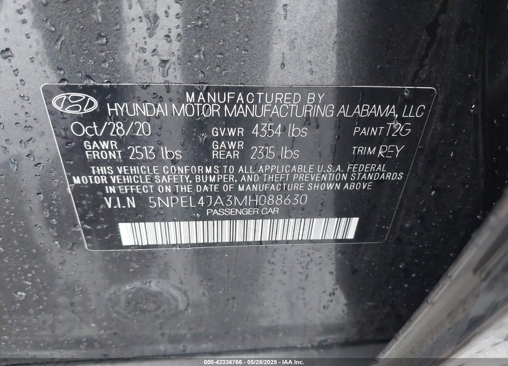 2021 HYUNDAI SONATA VIN: 5NPEL4JA3MH088630