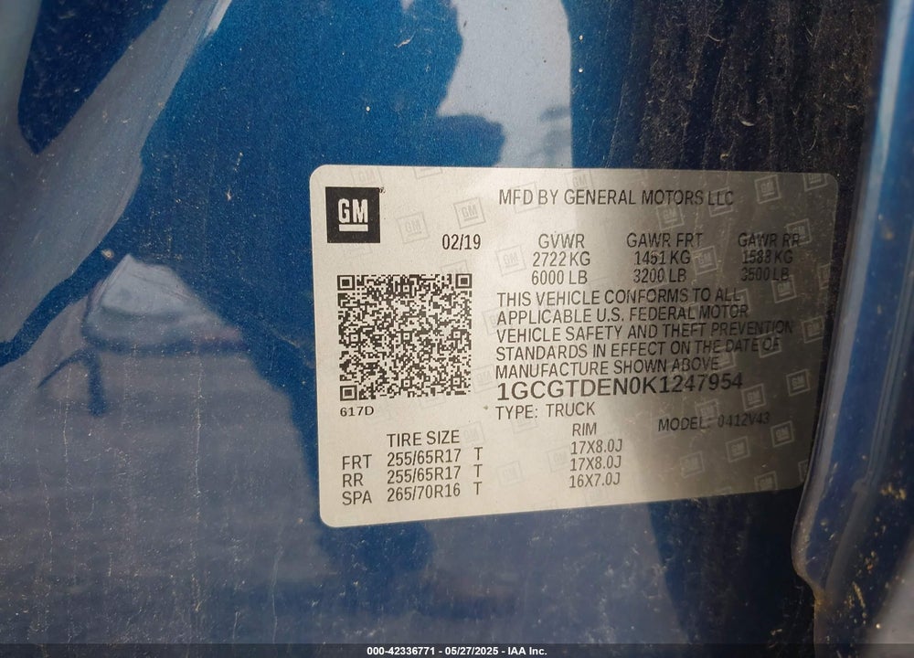 2019 CHEVROLET COLORADO VIN: 1GCGTDEN0K1247954