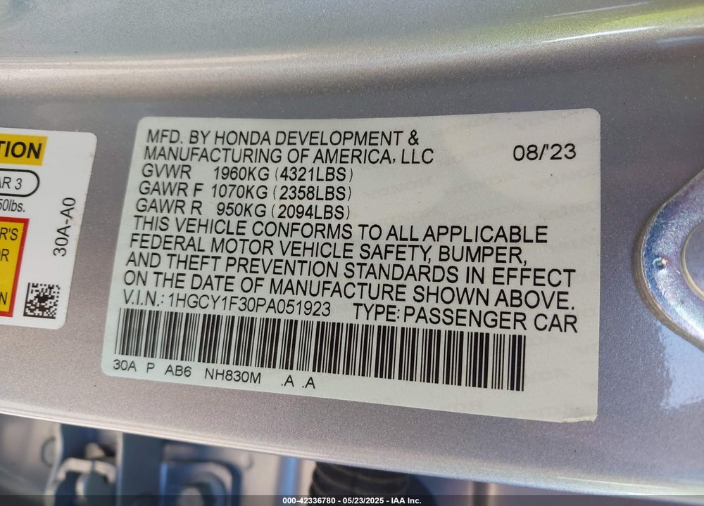 2023 HONDA ACCORD VIN: 1HGCY1F30PA051923