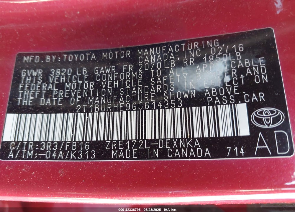 2016 TOYOTA COROLLA VIN: 2T1BURHE9GC614353
