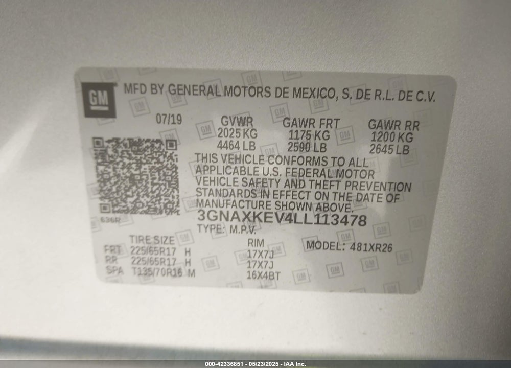 2020 CHEVROLET EQUINOX VIN: 3GNAXKEV4LL113478