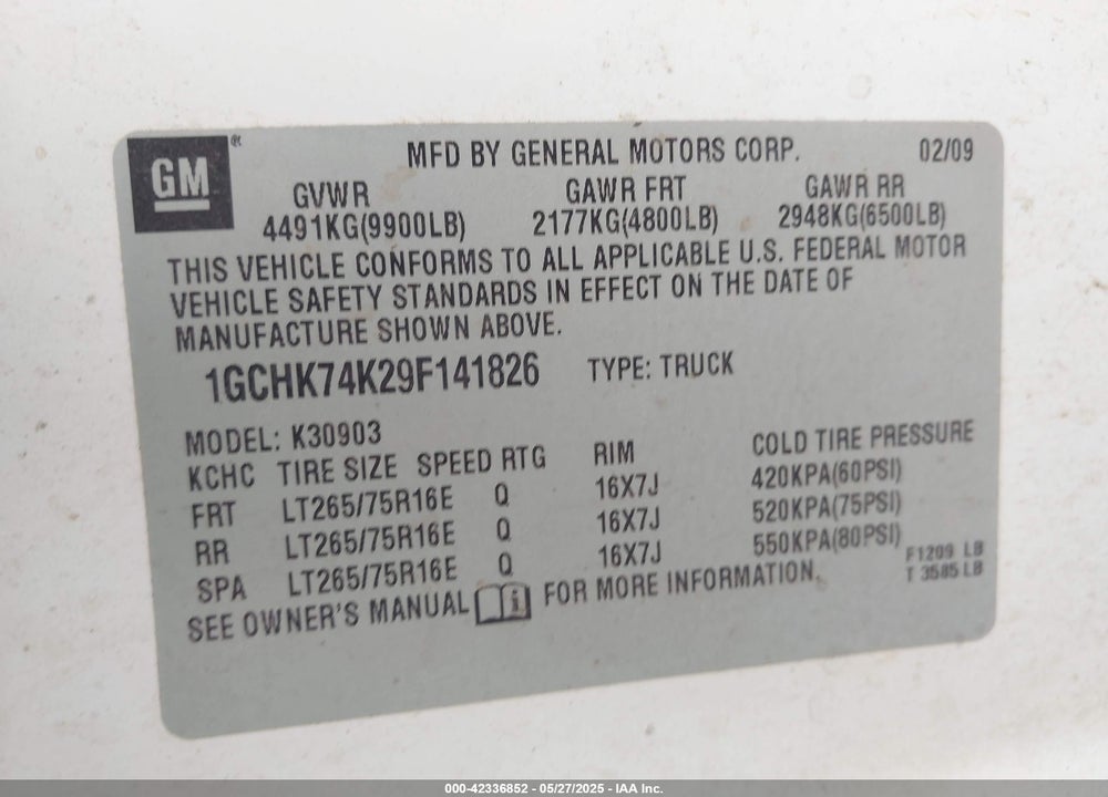 2009 CHEVROLET SILVERADO 3500HD WORK TRUCK VIN: 1GCHK74K29F141826