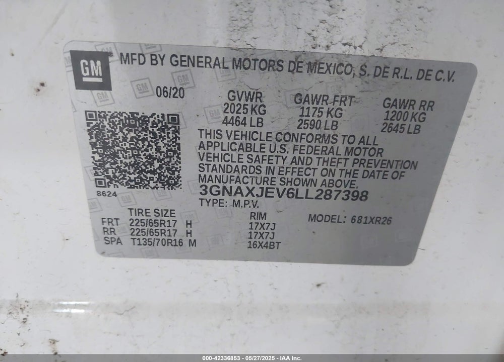 2020 CHEVROLET EQUINOX FWD 2FL VIN: 3GNAXJEV6LL287398