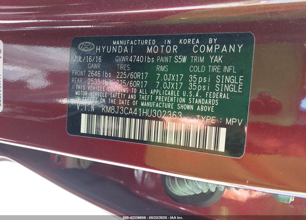 2017 HYUNDAI TUCSON SE VIN: KM8J3CA41HU302363