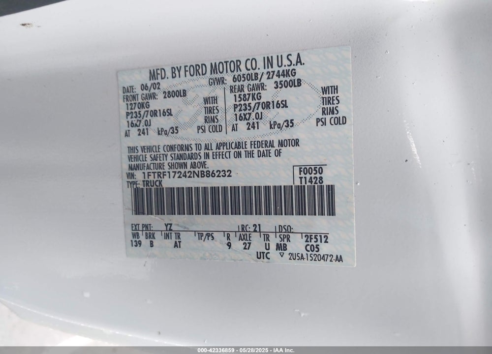 2002 FORD F-150 XL/XLT VIN: 1FTRF17242NB86232