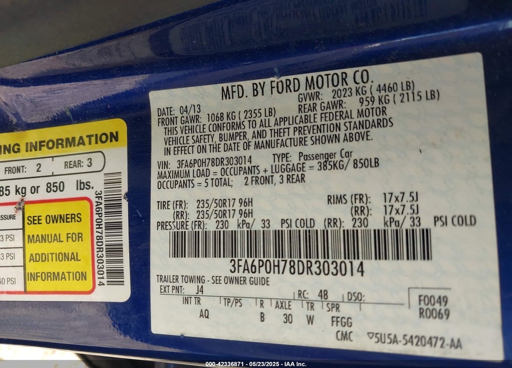 2013 FORD FUSION SE VIN: 3FA6P0H78DR303014