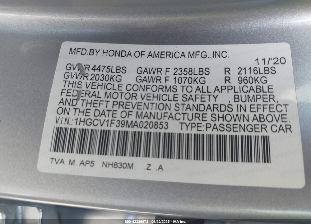 2021 HONDA ACCORD VIN: 1HGCV1F39MA020853