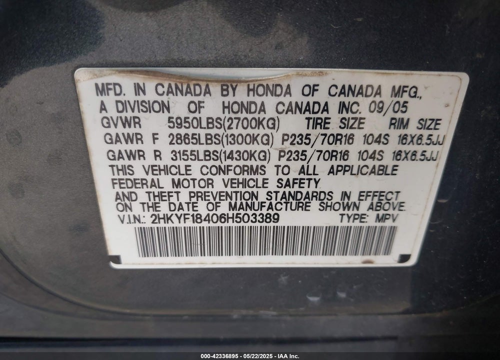 2006 HONDA PILOT EX VIN: 2HKYF18406H503389