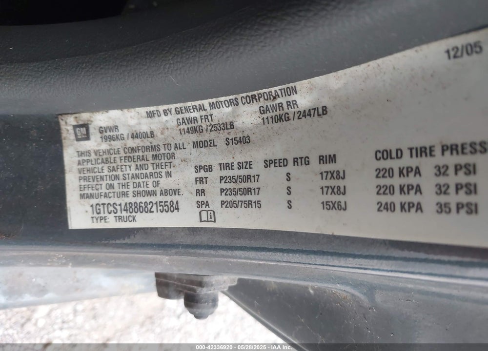 2006 GMC CANYON SLE1 VIN: 1GTCS148868215584