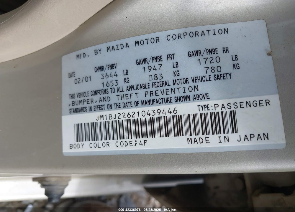 2001 MAZDA PROTEGE ES/LX VIN: JM1BJ226210439446