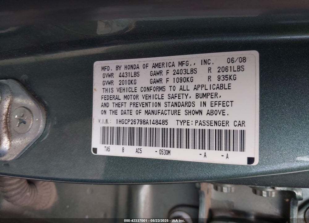 2008 HONDA ACCORD VIN: 1HGCP26798A148485
