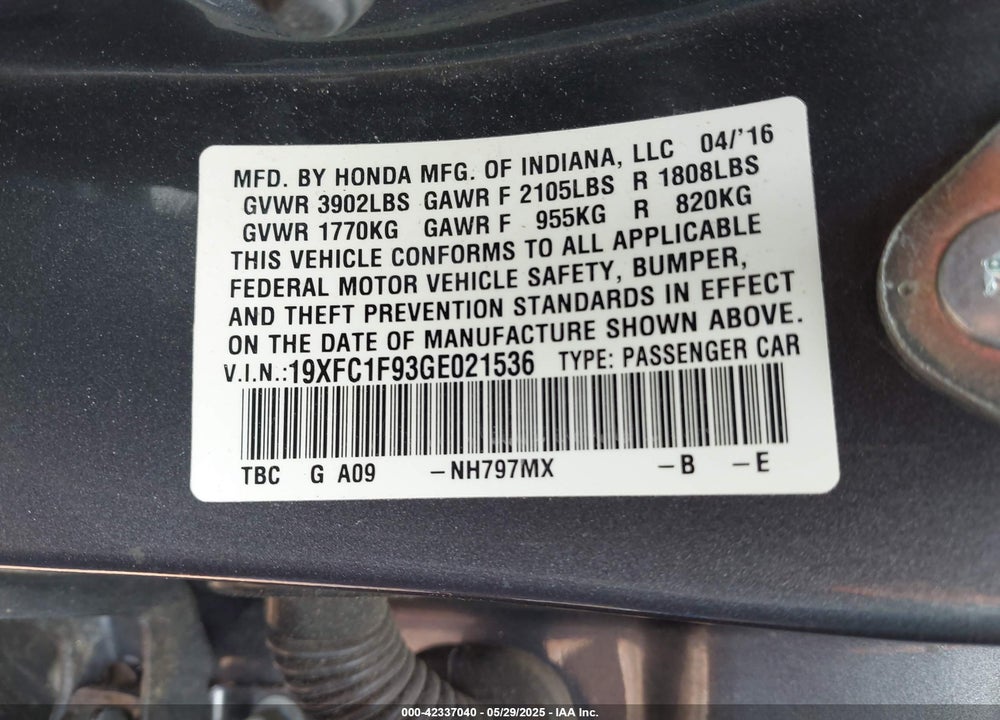 2016 HONDA CIVIC VIN: 19XFC1F93GE021536