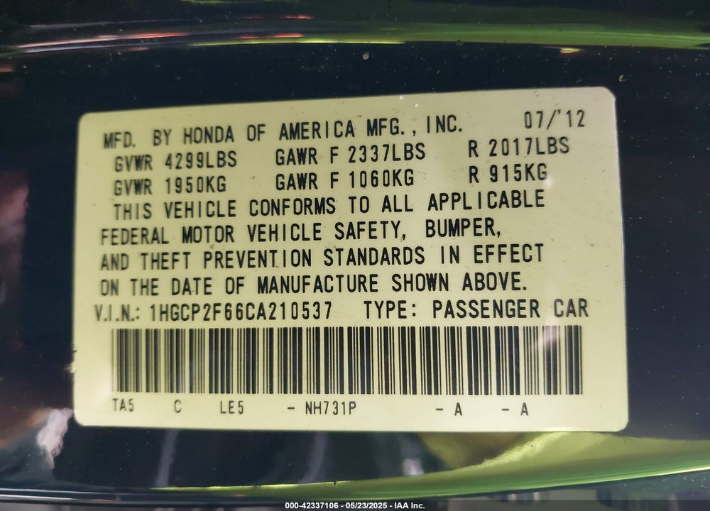 2012 HONDA ACCORD VIN: 1HGCP2F66CA210537