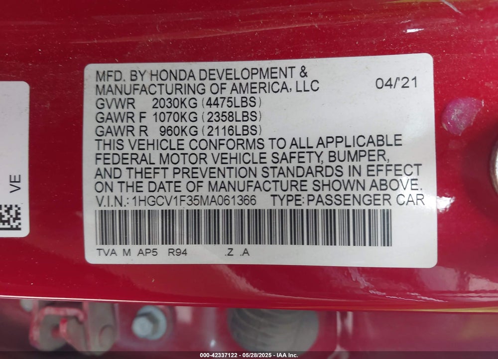 2021 HONDA ACCORD SPORT VIN: 1HGCV1F35MA061366