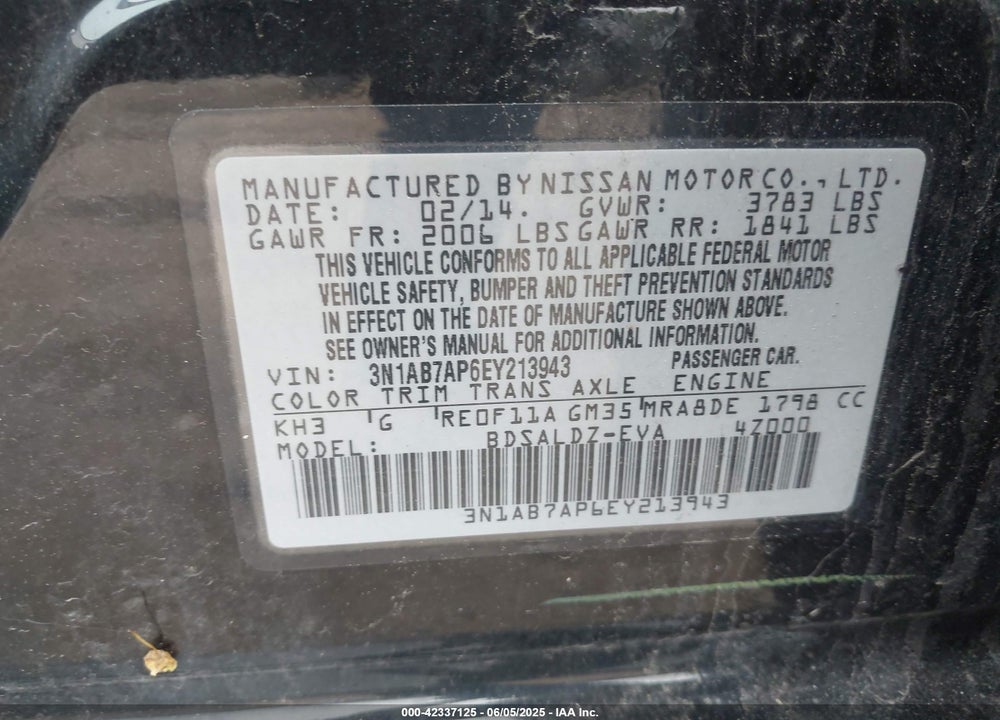 2014 NISSAN SENTRA SV VIN: 3N1AB7AP6EY213943