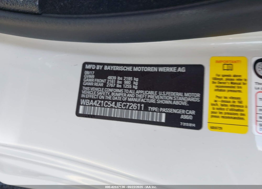 2018 BMW 430I VIN: WBA4Z1C54JEC72611