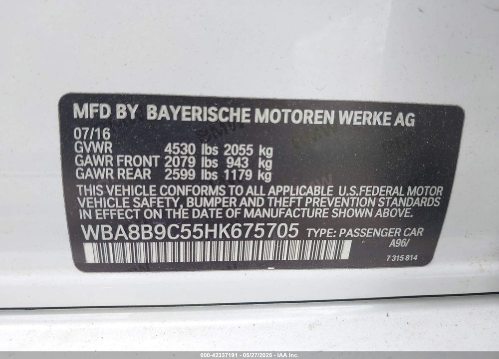 2017 BMW 330I VIN: WBA8B9C55HK675705