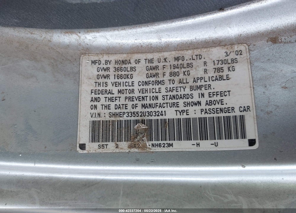 2002 HONDA CIVIC SI VIN: SHHEP33552U303241