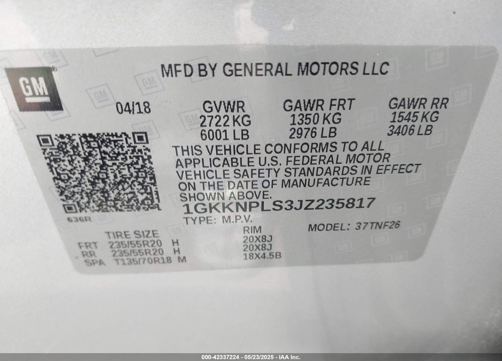 2018 GMC ACADIA VIN: 1GKKNPLS3JZ235817