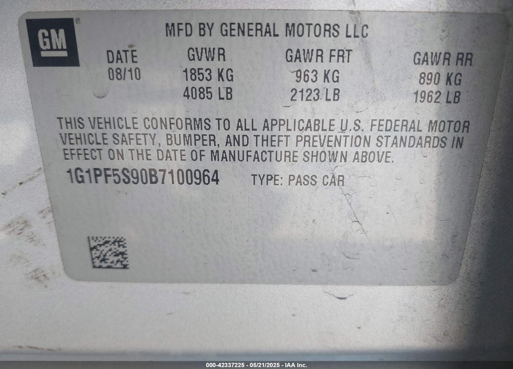 2011 CHEVROLET CRUZE VIN: 1G1PF5S90B7100964