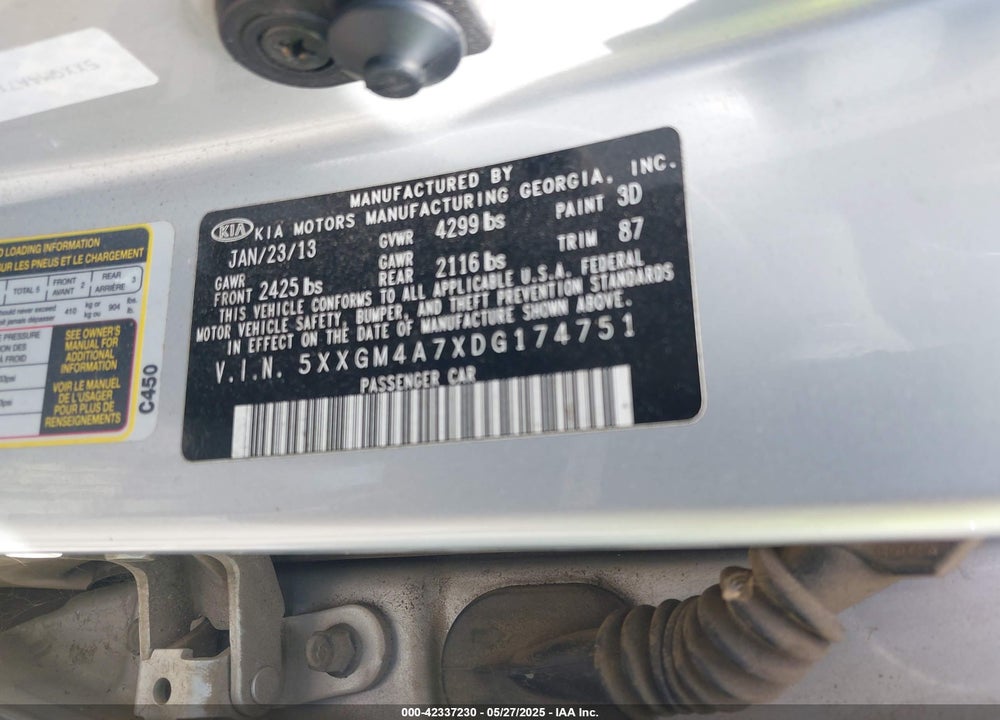 2013 KIA OPTIMA VIN: 5XXGM4A7XDG174751