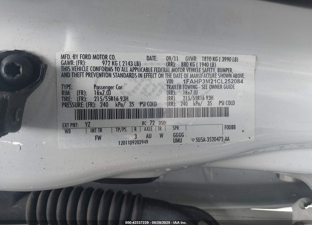 2012 FORD FOCUS SEL VIN: 1FAHP3M21CL252084
