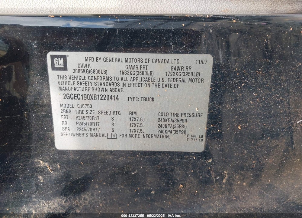 2008 CHEVROLET SILVERADO 1500 LT1 VIN: 2GCEC190X81220414