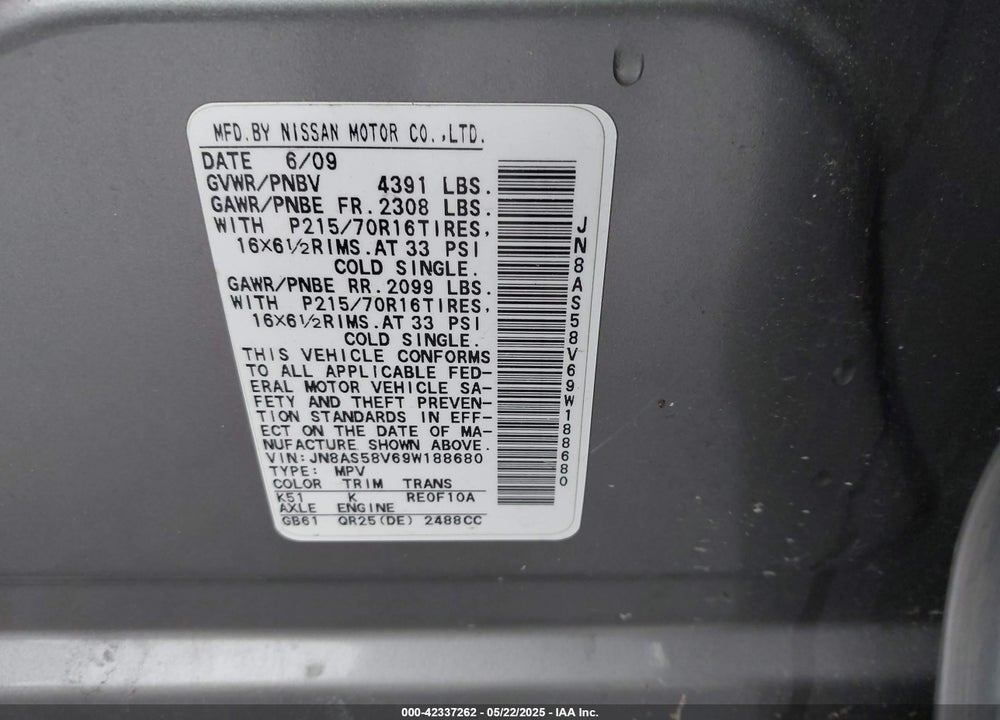 2009 NISSAN ROGUE VIN: JN8AS58V69W188680