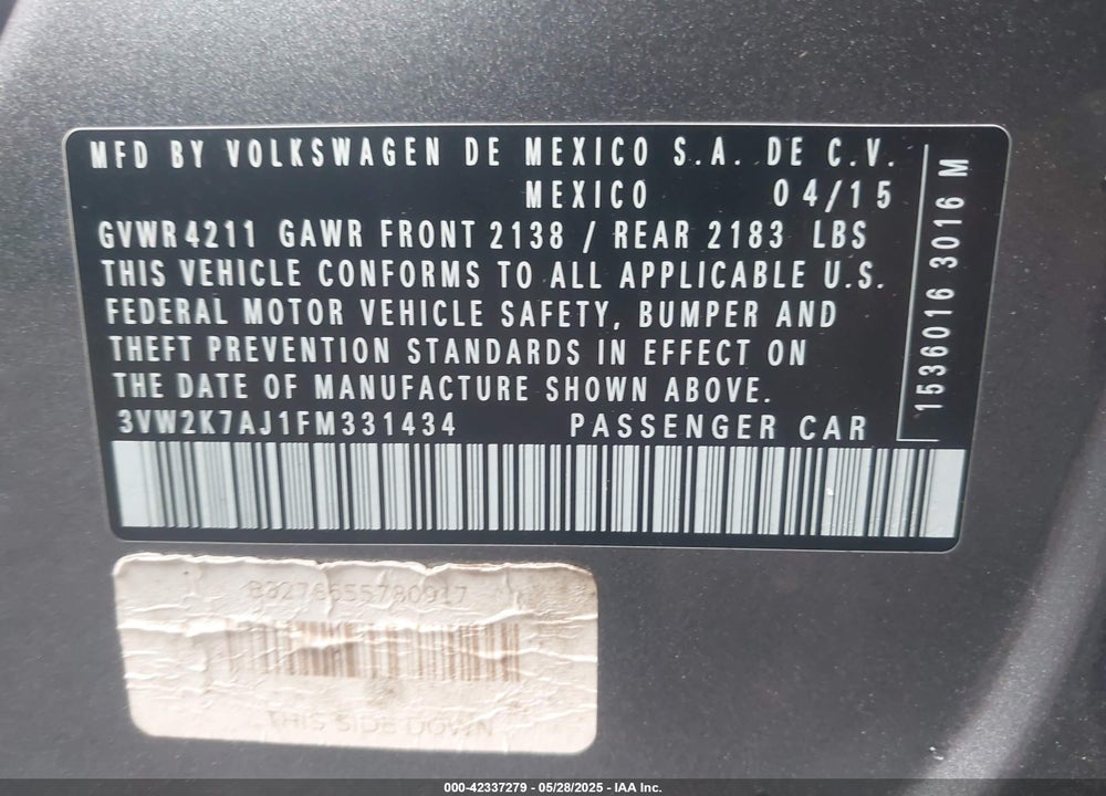 2015 VOLKSWAGEN JETTA VIN: 3VW2K7AJ1FM331434