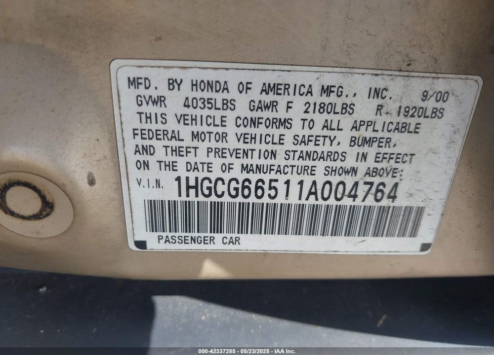2001 HONDA ACCORD 2.3 LX VIN: 1HGCG66511A004764