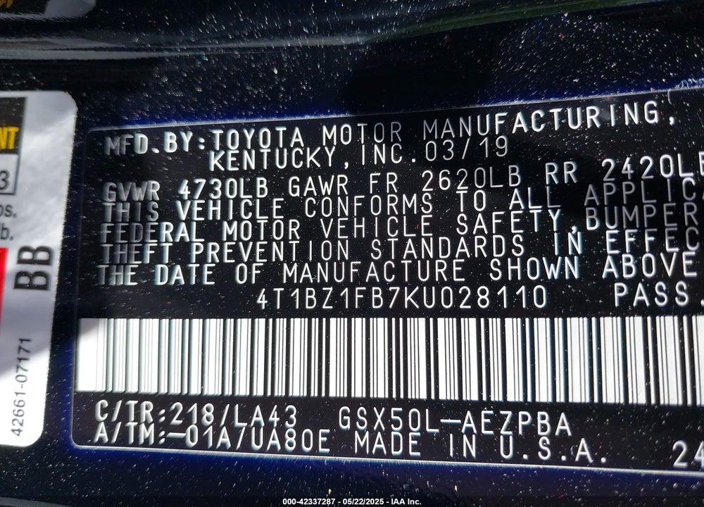 2019 TOYOTA AVALON VIN: 4T1BZ1FB7KU028110