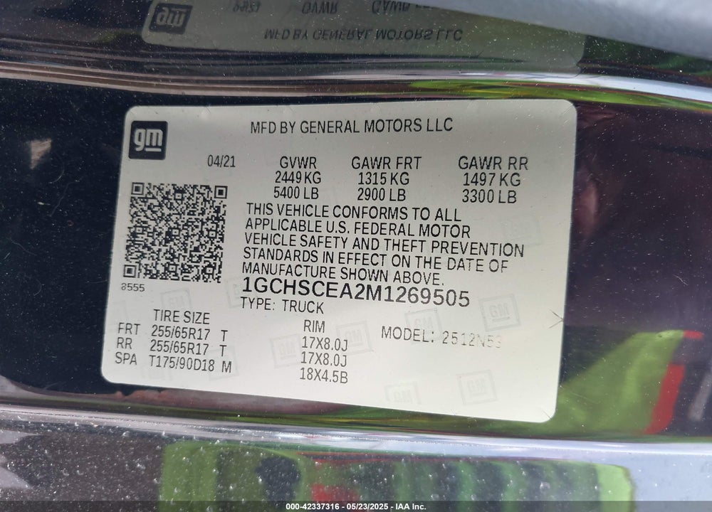 2021 CHEVROLET COLORADO VIN: 1GCHSCEA2M1269505