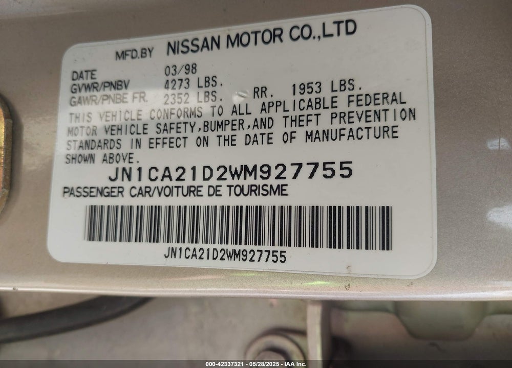 1998 NISSAN MAXIMA GLE/GXE/SE VIN: JN1CA21D2WM927755