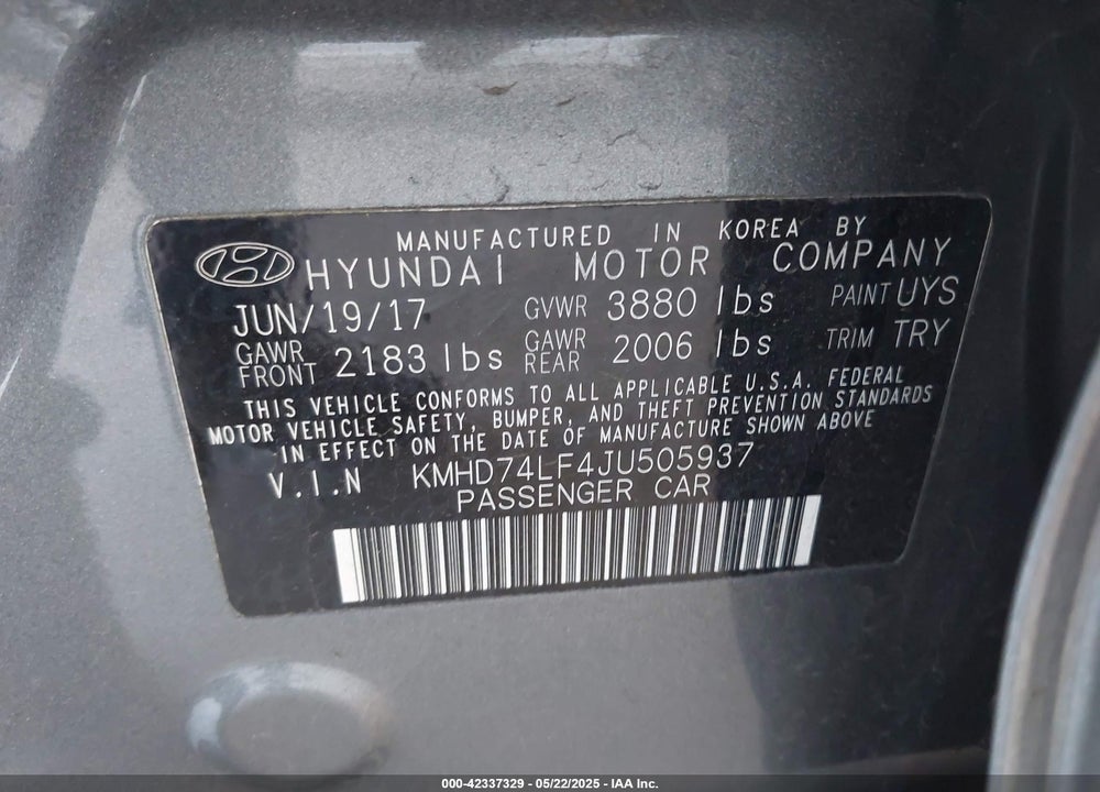 2018 HYUNDAI ELANTRA VIN: KMHD74LF4JU505937