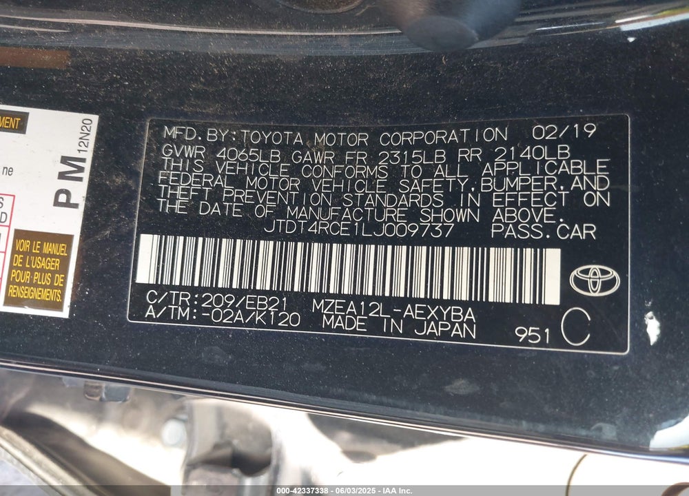 2020 TOYOTA COROLLA XSE VIN: JTDT4RCE1LJ009737