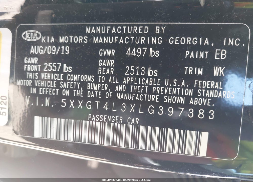 2020 KIA OPTIMA VIN: 5XXGT4L3XLG397383