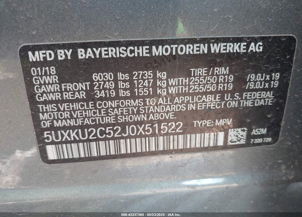 2018 BMW X6 VIN: 5UXKU2C52J0X51522