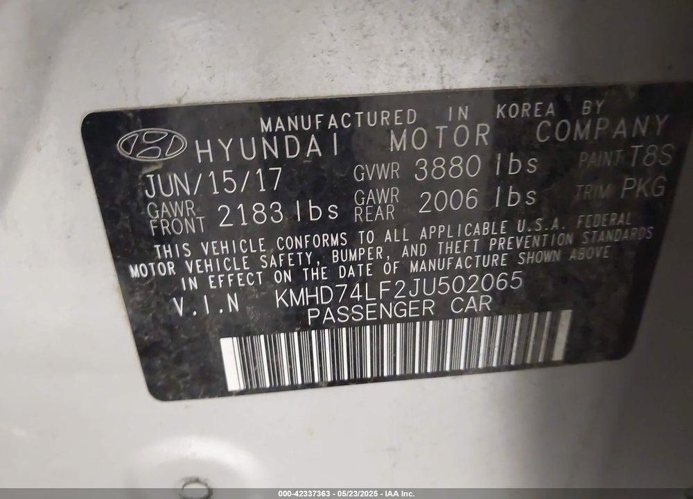 2018 HYUNDAI ELANTRA SE VIN: KMHD74LF2JU502065